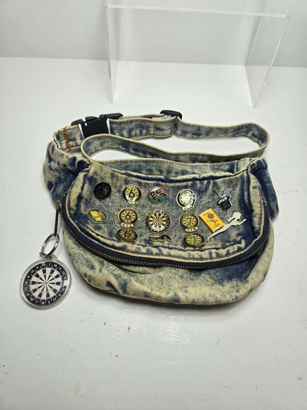 Vintage Fanny Pack Bum Belt Bag 80s Acid Wash Denim Cricket Mark Pins Dart